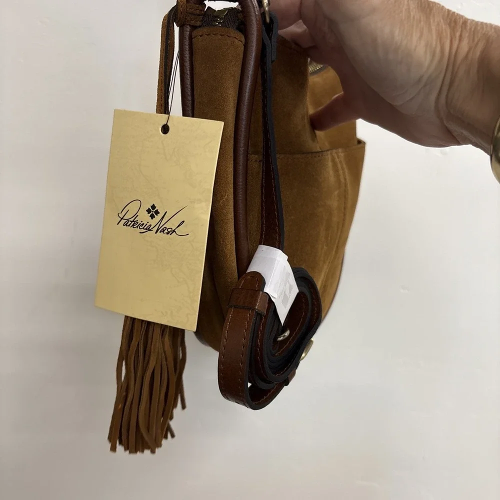 Patricia Nash Cresent  Medium Leather‎ Shoulder Bag Cognac With Tassels NWT New